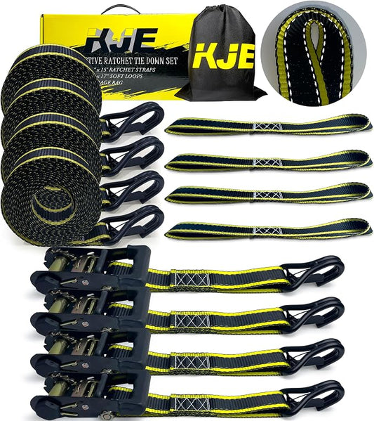 KJE Reflective Ratchet Straps, (4) 1.5" x 15' Tie Down Strap Sets + (4) Soft Loops, TPR Handles & Coated J Hook W/Safety Clip, 6,000lb Break Strength, Cargo Strap for Car, Motorcycle, ATV