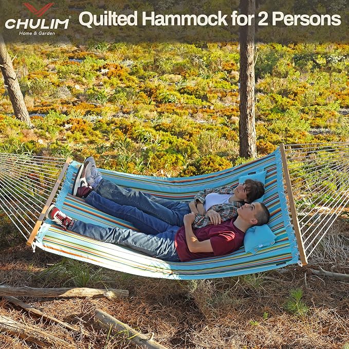 CHULIM 12 FT Double Quilted Fabric Hammock with Spreader Bars and Pillow 450 LBS Weight Capacity 2 Person Hammock for Outdoor Patio Backyard Poolside Blue Stripes