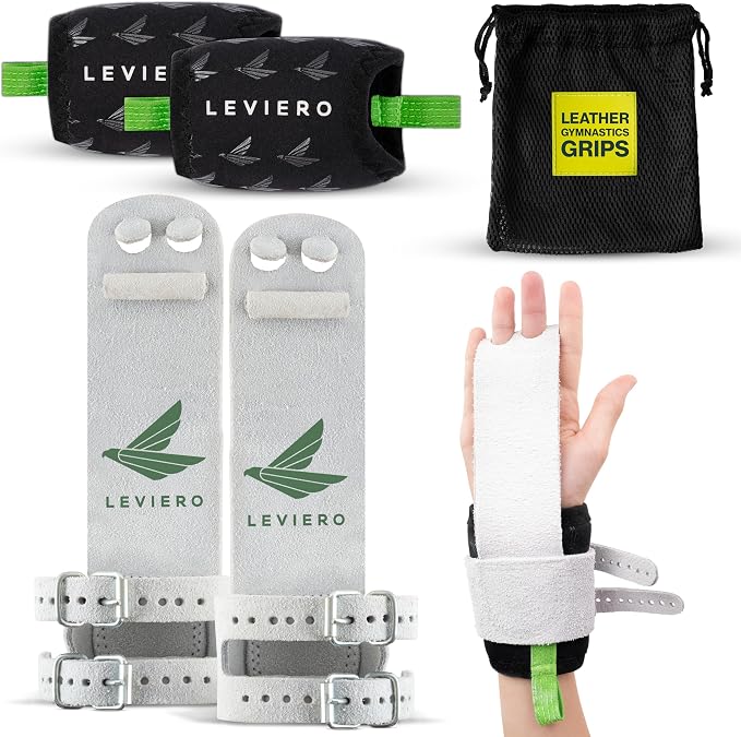 Gymnastics Grips Set, Grips for Gymnastics Girls, Dowel Grips with Soft Leather, Double Buckle Wrist Closure, and Adjustable Finger Holes, for All Ages