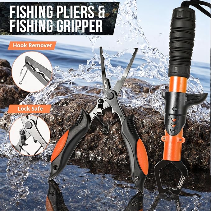 PLUSINNO Fishing Backpack with Tackle Boxes, Waterproof Sling Tackle Bag For Fishing Gear With Rod Holder, Fish Gifts for Men With Fish lures, Fish pliers.