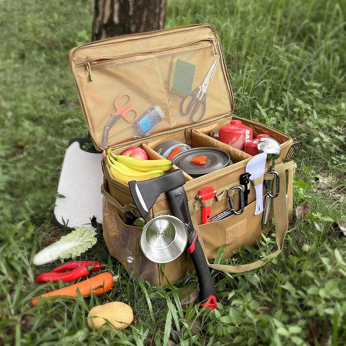 Tactical Camping Storage Bag Utility Tote Bag Camping Kitchen Organizer with Axe Holder & Shoulder Strap