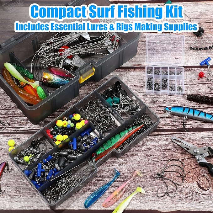 Fishing Lures Kit with Tackle Box, Pliers, Fish Gripper, Saltwater Freshwater Gear Set for Bass Trout, Hooks Weights Bobbers Rigs Leaders