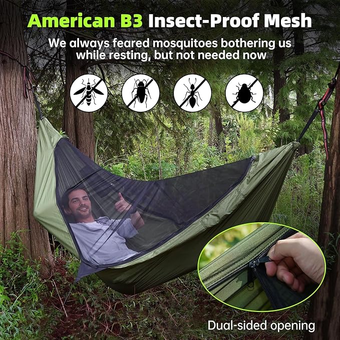 Camping Hammock with Mosquito Net – Portable Parachute Nylon Backpacking Hammock with Tree Straps, Camp Rope & Stake - for Hiking, Backpacking, Travel, Backyard, Beach – Holds Up to 500lbs (Green)