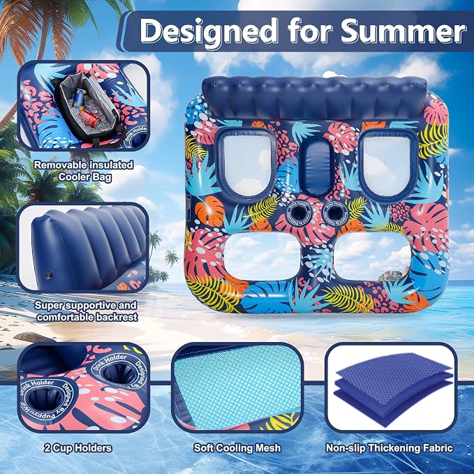 2-Person Inflatable Pool Floats Adult Heavy Duty, 71" x 61" Pool Lounger Float with Cup Holders & Backrest & Removable Insulated Cooler, Thickened Swimming Raft for Pool Party, Lake, Beach, River