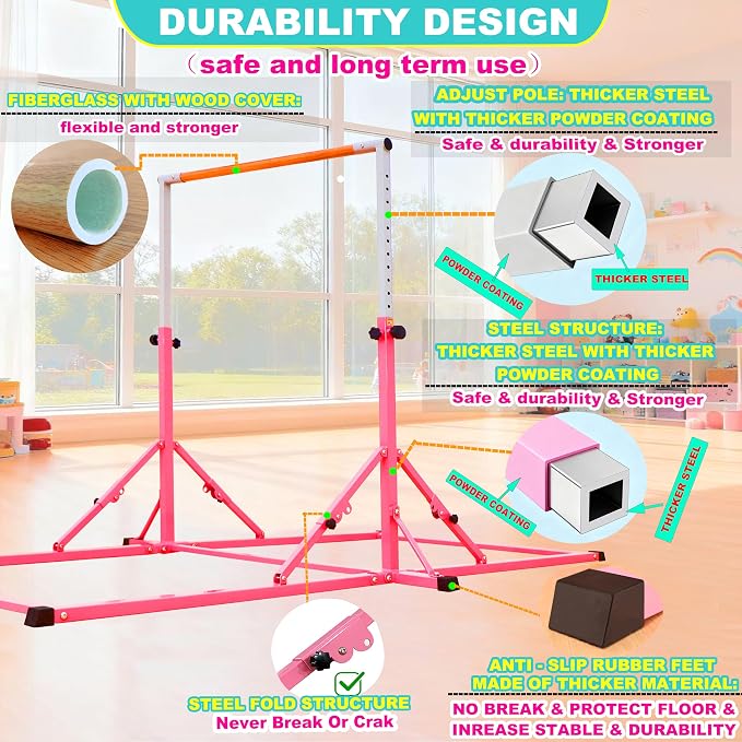 Marfula Gymnastic Bar For Kid and Teenage of 3-25, 5Ft/8 FT Base Length 4Ft Width 5Ft Adjust Height, Gymnastic Kip Bar For Gymnast, Gymnastic Training Equipment For Professional Training Home Club Use