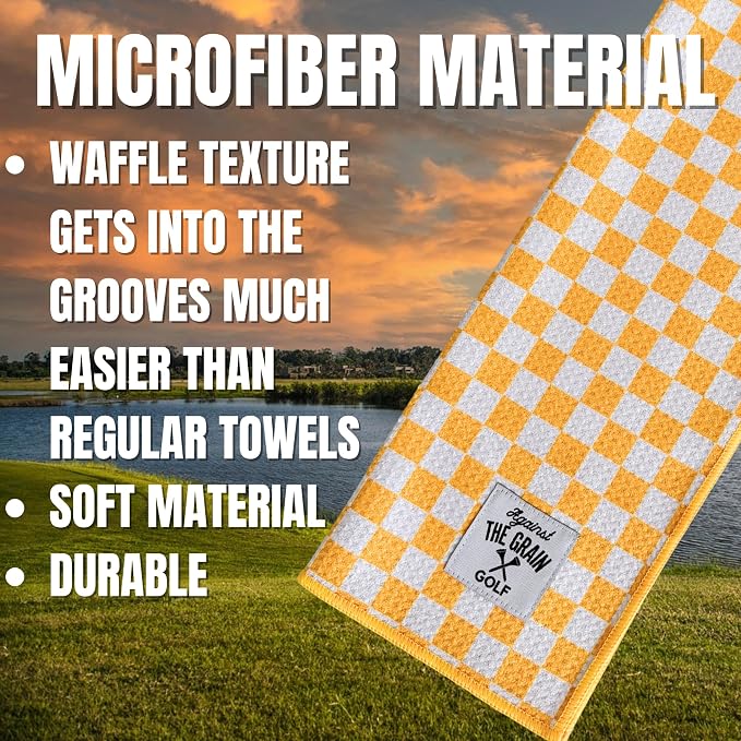 Against The Grain Microfiber Pink Golf Towel for Golf Bags Women with Clip - (12"x20") Yellow & White Checkered Design Golf Club Towel, Womens Golf Towel, Golf Gifts for Women