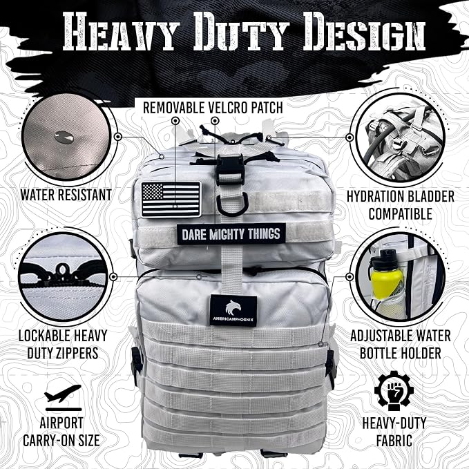 AMERICANPHOENIX 45L Elite Tactical Backpack | 3X Stronger Work & Military Backpack | Water Resistant and Heavy Duty | 3 Day MOLLE Bug Out Bag (Polar White)