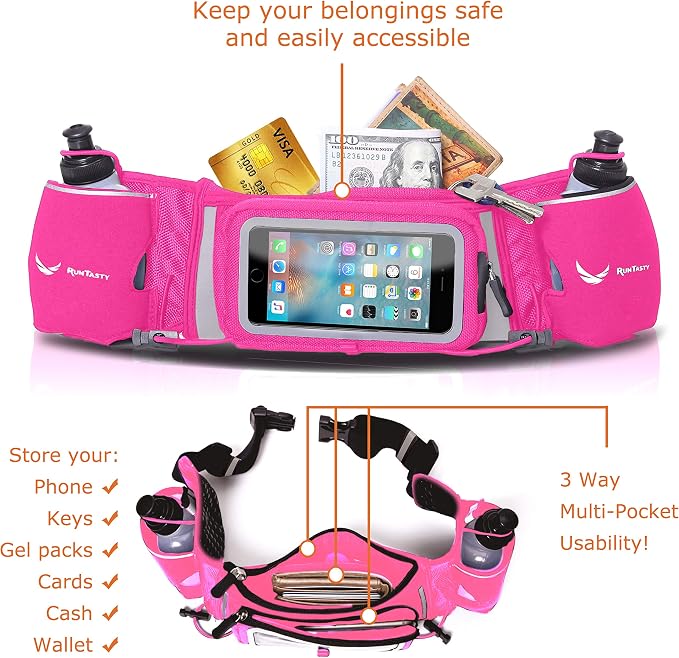 No.1 Hydration Belt by Runtasty - Premium Running Fuel Belt w/2 BPA-Free 10 oz Water Bottles, Tilt-Up Pocket w/Touchscreen-Ready Cover - Fits All iPhones, Runners Ebook & No-Bounce Design