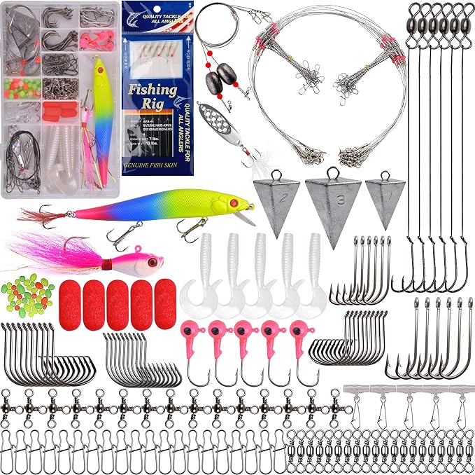 Saltwater Fishing Gear, 180pcs Saltwater Surf Fishing Tackle Kit Saltwater Fishing Lures Fish Finder Rigs Pompano Rig Pyramid Sinker Spoons Fishing Hooks Leaders Swivel Bobbers Various Accessories