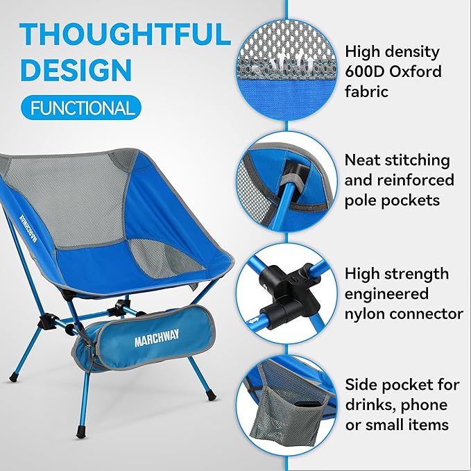 MARCHWAY Ultralight Folding Camping Chair, Heavy Duty Portable Compact for Outdoor Camp, Travel, Beach, Picnic, Festival, Hiking, Lightweight Backpacking (Bright Blue)