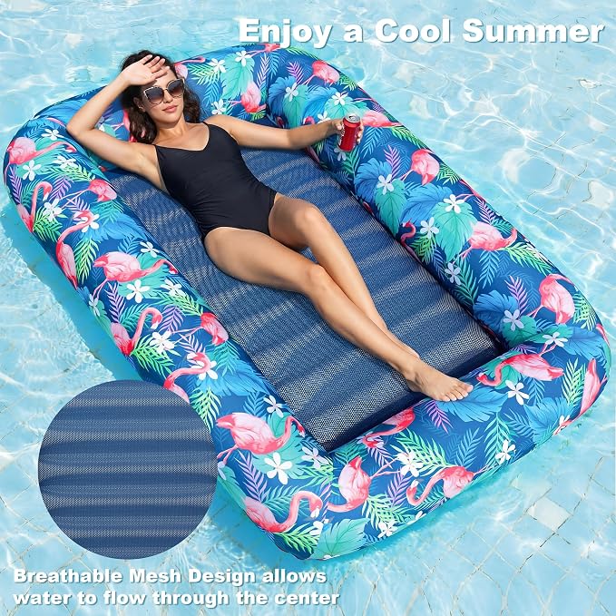 FindUWill Oversized Pool Float Lounge, 72" X 37" Extra Large Fabric-Covered Pool Floats for Adults, Inflatable Contour Lounger with Headrest Ultra-Comfort Cooling Pool Raft (XL, Monstera)