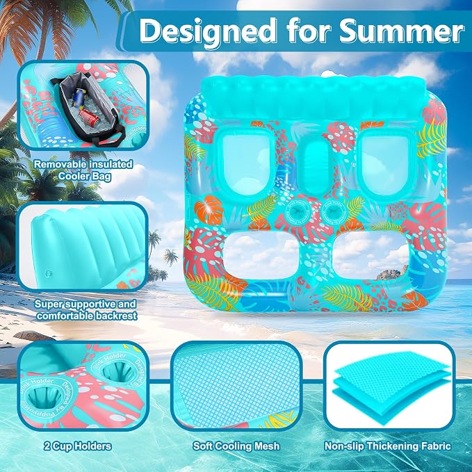 2-Person Inflatable Pool Floats Adult Heavy Duty, 71" x 61" Pool Lounger Float with Cup Holders & Backrest & Removable Insulated Cooler, Thickened Swimming Raft for Pool Party, Lake, Beach, River