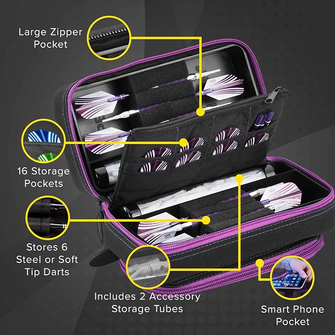 Casemaster Plazma Pro, 6 Dart Case for Soft and Steel Tip Darts, Features Large Front Mobile Device Pocket, Built-In Storage Tubes and Pockets for Flights, Tips, Shafts, and Personal Items