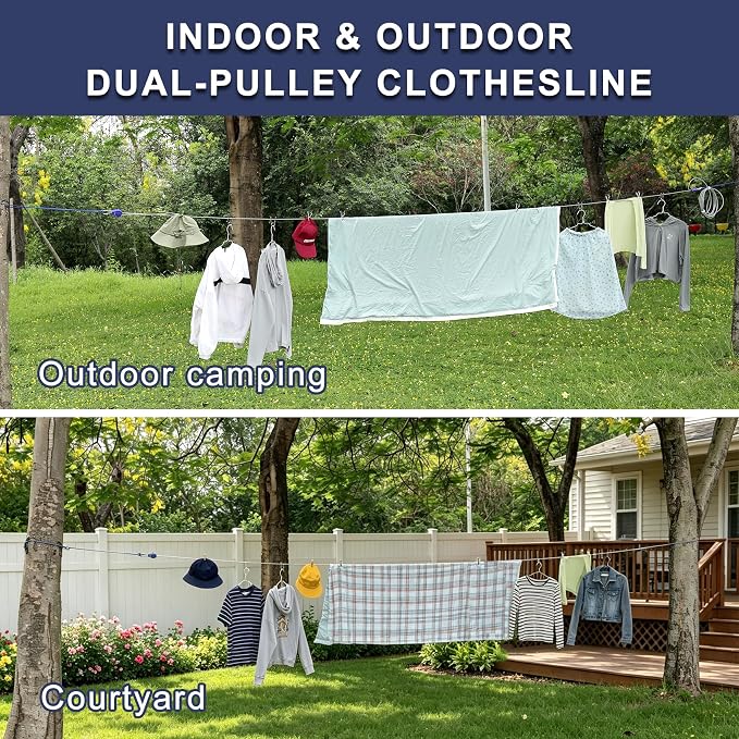 Vigorport Retractable Clothesline Outdoors 3/16" Wire Rope Nylon Coating | Heavy Duty Clothes Line with Blue Dual-Pulley & Clips, Travel Laundry Line, Drying Cable Rope for Outdoor Camping RV Backyard