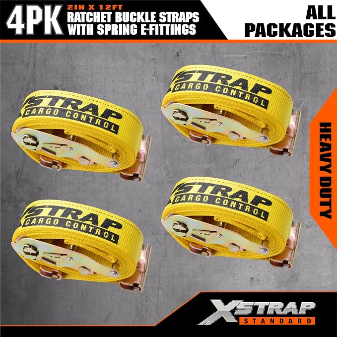 XSTRAP STANDARD 4-Pack E-Track Ratchet Straps 2" x 12' - 4,400 lbs Heavy Duty Cargo Tie Downs for Trailers, Trucks, Vans & Motorcycle Securing with Spring Fittings (Yellow)