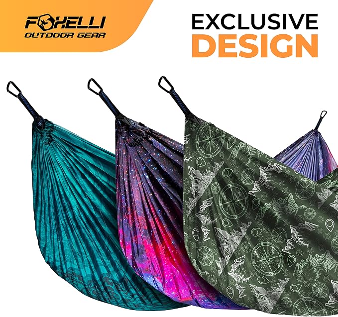 Foxelli Camping Hammock – Ultralight Hammock for Backpacking, Hiking, Festivals, Travel - Easy Setup with Tree-Friendly Ropes & Steel Carabiners, Heavy Duty Parachute Nylon
