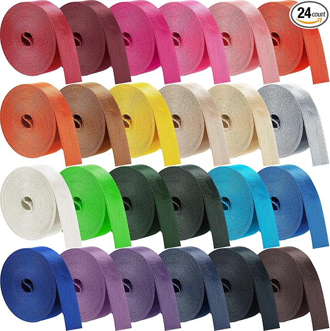 Windyun 24 Rolls Nylon Webbing 1/1.5 Inch Wide Cotton Webbing Strap 3.3 Yard 24 Colors Nylon Straps for Bag Making DIY Craft, Pet Collars, Climbing, Backpack