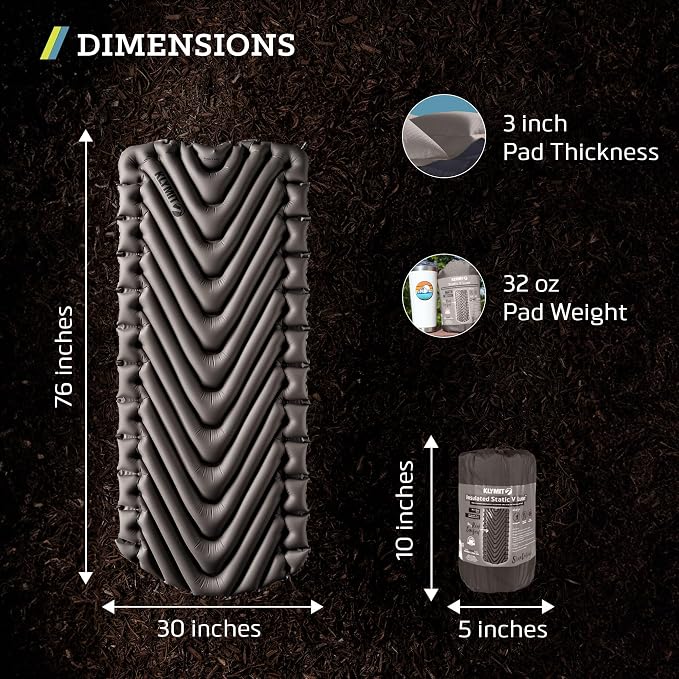Klymit Static V Luxe Sleeping Pad, Lightweight Lofted Camping Air Mattress for Tents and Cars with Body Mapping Tech, 3 In Thick Grey