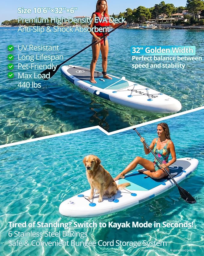 Inflatable Stand Up Paddle Board with Seat, 10'6"/10'5" SUP 440LBS, Recreational Paddleboard for Adults Beginners, Blow Up Paddle Board with Fishing Design, Camera Mount, Cooler Bag & Full Accessories