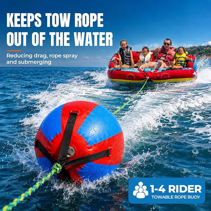 Towable Tube Rope Booster Ball, Tow Rope for Boat Tubing, 2 x 60 ft Rope for Lift and Visibility with 4100lb Break Strength for Boating, Water Sports