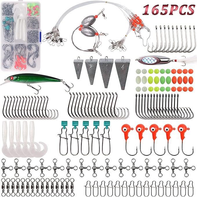 Saltwater Fishing Tackle Kit with Tackle Box Includes Surf Fishing Leader Rigs, Swimbait Lures, Hook Swivels, Fish Finder Rig, Sinker Weights, Fishing Gear and Equipment, Gift for Men
