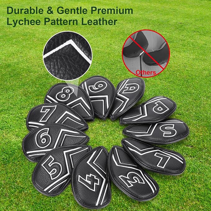 Welspo Magnetic Leather Golf Iron Head Covers 11 Pack Synthetic Leather Club Headcover, Embroidered Club Label on Both Sides of Golf Club Covers for Irons and Wedge, Universal Fit Main Iron Clubs