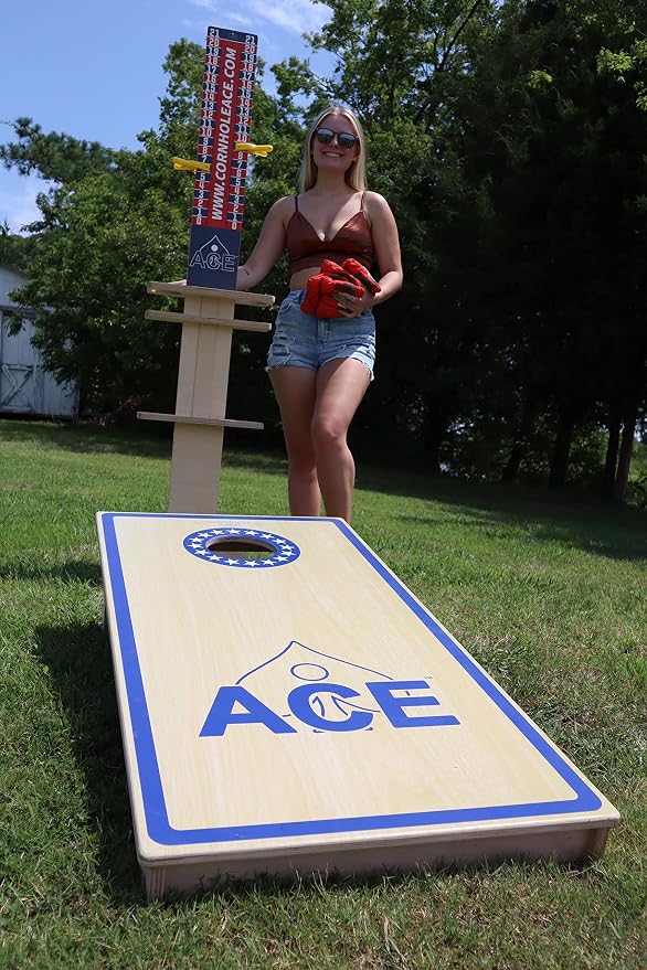 CornholeAce Elite Cornhole Scoreboard 3ft or 5.5ft Tall Hardware Free Stand with UV Printed Score Panel 0 to 21 Phone Tablet Scorekeeping Area Livestream Shelf 2 Drink Holders