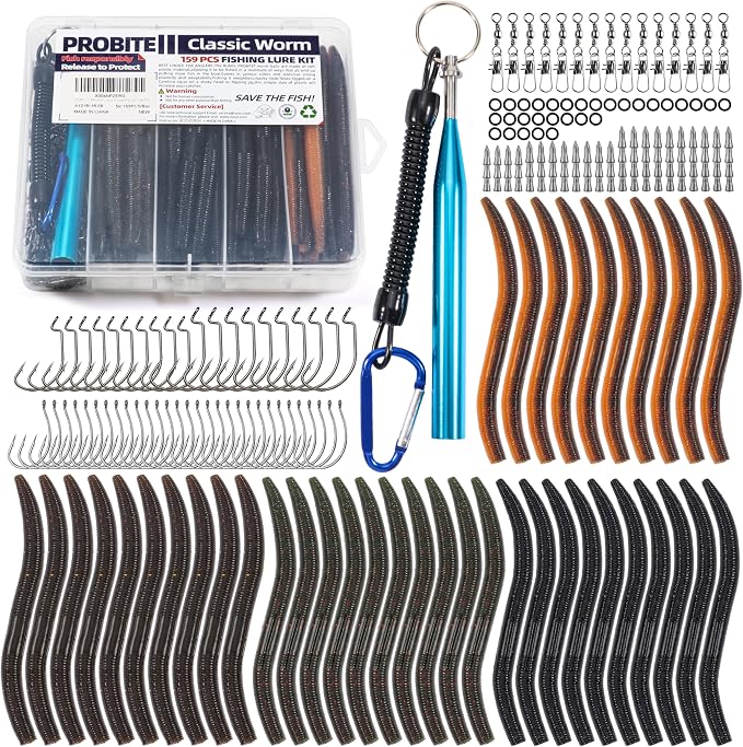 159PCS Stick Worm Baits Wacky Rig Kit for Bass Fishing – Soft Plastic Stick Lures with Hooks, O-Rings, Weights, Swivels, Wacky Tool & Tackle Box for Freshwater & Saltwater