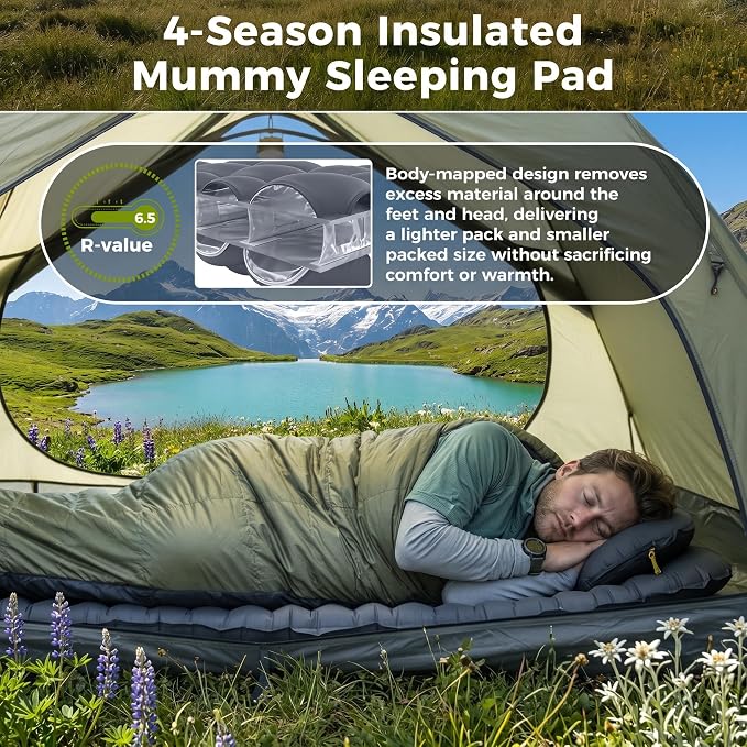 ATEPA ThermAir Ultralight Mummy Sleeping Pad for Backpacking, 6.5 R-Value Insulated Camping Air Mattress with Pump Sack, Compact Inflatable Sleeping Mat, Wide Long Size 72"x21"