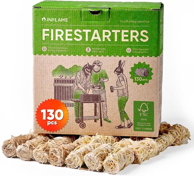 Inflame Fire Starters 130 pcs - Fire Starters for Campfires, Charcoal, Grill, BBQ, Fireplace, Chimney, Woodstove - Waterproof, Weather-Resistant - Natural Wood Starters