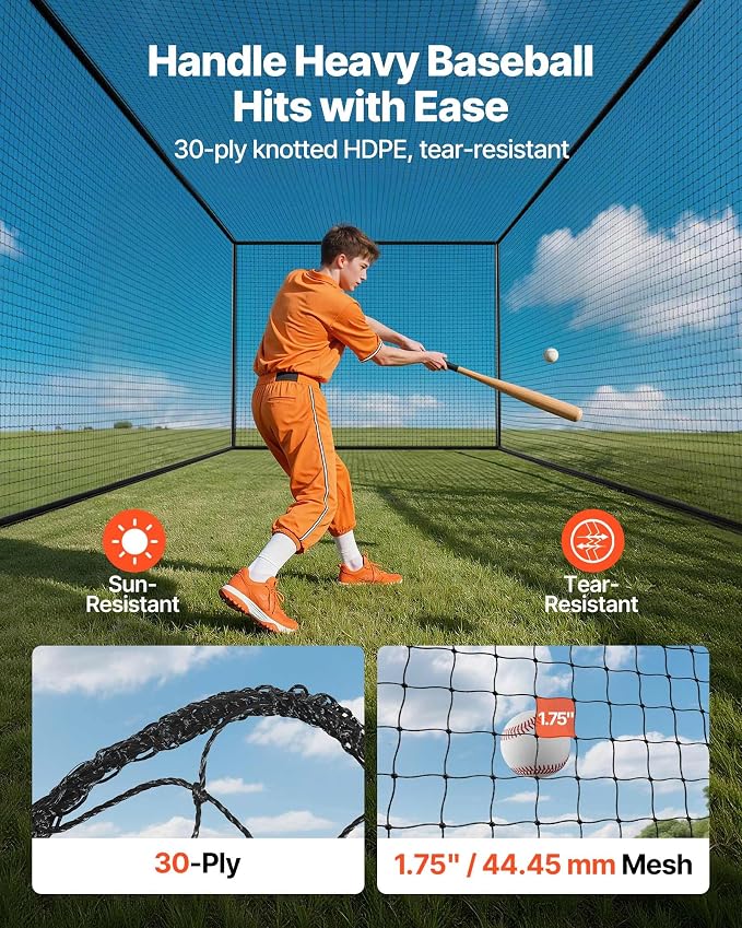 VEVOR Baseball Batting Cage,Professional Softball Baseball Batting Hitting Training Net,Heavy Duty Enclosed PE Practice Portable Pitching Cage Net&Carry Bag,for Backyard,Field,Indoor&Outdoor