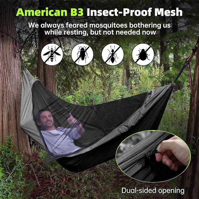 Camping Hammock with Mosquito Net – Portable Parachute Nylon Hammock Tent with Tree Straps, Camp Rope & Stake - for Hiking, Backpacking, Travel, Backyard, Beach – Holds Up to 500lbs (Black)