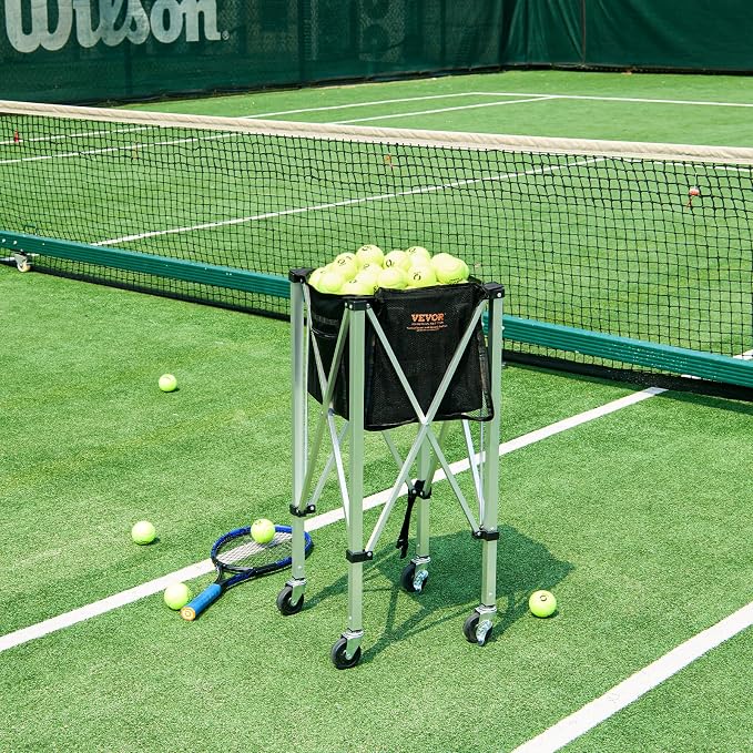 VEVORFoldable Tennis Ball Hopper, Holds 150-180 Tennis Balls, Lightweight Aluminum Alloy Tennis Ball Basket Cart with Wheels for Tennis Player