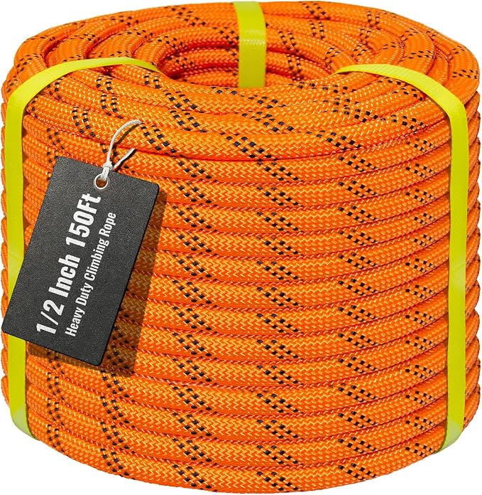 1/2Inch Arborist Rope 150Ft - 9000lbs Heavy Duty Nylon Rope Rappelling Rope, Double Braided Arborist Bull Rope for Tree Work, Hiking, Rigging, Pulling, Swing, Caving, Sailing - Orange