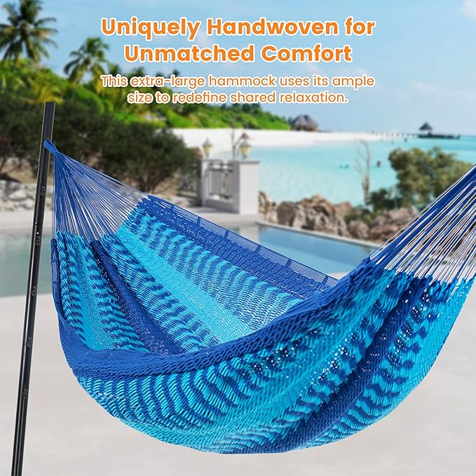 Lazy Daze Hammocks Handwoven XL Mayan Hammock, 10.5 FT Soft Rope Double Hammocks, Portable Outdoor Hammock with Carry Bag, 2 Straps & Carabiners for Patio Outside, 550 lbs Capacity, Blue/Dark Blue