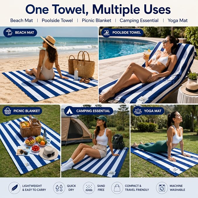 Oversized Microfiber Beach Towel 71x36 Inch, Quick Dry Sand Free Travel Towel, Lightweight Sueded Beach Blanket for Pool, Camping, Yoga & Beach Trips (Navy Blue)