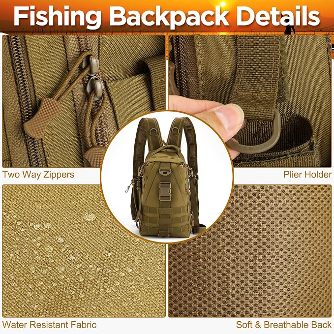 RoundFunny 85 Pcs Fishing Backpack with Tackle Boxes, Tackle Sling Bag with Rod Holder, Fish Lures and Pliers, Fish Tools Gears & Equipment Father's Day Fishing Gift for Dad Men