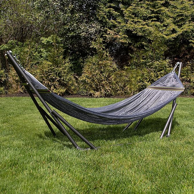 Best Home Fashion Portable Hammock with Collapsible Steel Stand, 600 lbs Capacity, No Tools Assembly, Carrying Bag Included, Perfect for Indoor Outdoor Backyard Patio Camping Beach, 2 Person, Grey