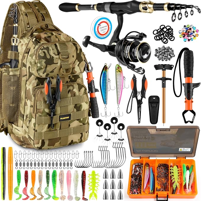 PLUSINNO Fishing Backpack with Fishing Rod and Reel Combos Tackle Boxes, Waterproof Tackle Backpack for Gear with Rod Holder, Fish Gifts for Men with Tool Kit