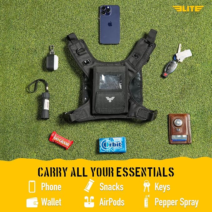 Elite Sports Running Vest w/Phone Holder for Men/Women, Reflective Lightweight Chest Pack w/Touch Friendly Phone Sleeve, Camera Pocket - Chest Rig for Hiking, Trail, Marathon, Camping