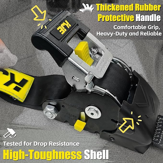 KJE Retractable Ratchet Straps, (4) 2" x 10' Automatic Tie Down Strap Sets + (4) Soft Loops - Heavy Duty 3,300lb Max Break Strength, S-Hook with Clip, Self Retracting Strap for Motorcycle, Kayak, ATVs
