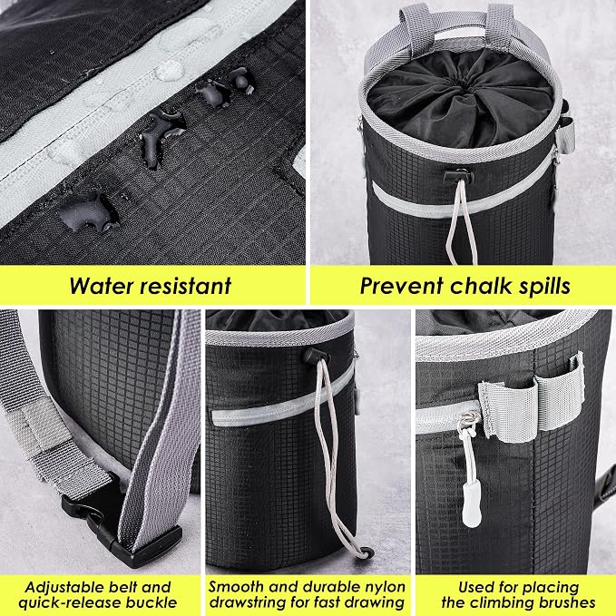 Chalk Bag for Rock Climbing, Bouldering Bag Bucket, 2 Waterproof Zipper for Gymnastics, Cross Fit, and Lifting (Large)