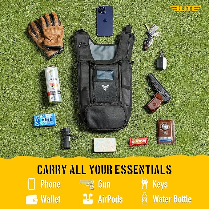 Elite Sports Running Vest w/Phone Holder, Gun Holster for Men/Women, Reflective Lightweight Chest Pack w/Touch Friendly Phone Sleeve, Camera Pocket - Chest Rig for Hiking, Trail, Marathon, Camping