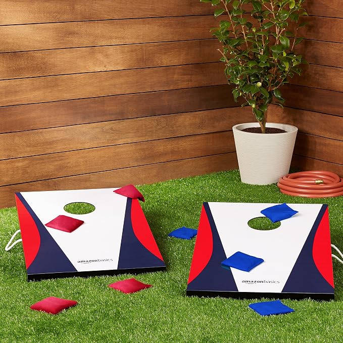 Amazon Basics Portable Cornhole Set, Outdoor Game Bean Bag Toss with Carrying Case, Blue/Red