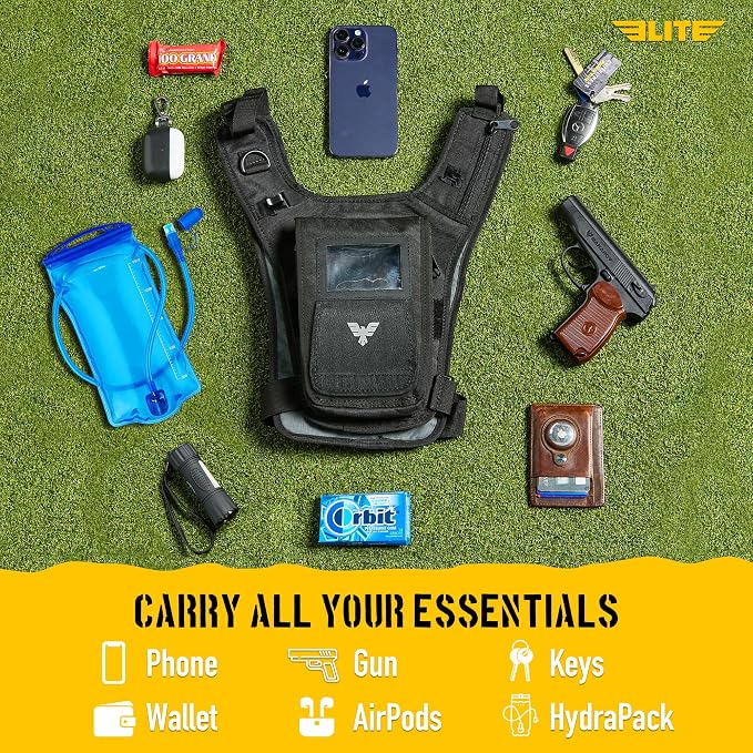 Elite Hydra Running Chest Pack w/ Gun Holster, Phone Holder Touch Friendly, Camera Pocket for Men/Women Lightweight Hydration Vest Chest Rig w/ Water Bladder for Marathon, Cycling, ADV Camping, Skiing