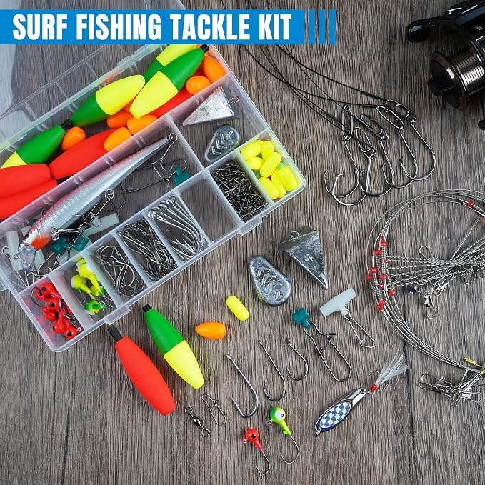 Surf Fishing Tackle Kit,187pcs Saltwater Fishing Gear Catfish Rig Pompano Rigs Fish Finder Rig Hard Bait Lures Circle Hook Sinker Leader Weights Barrel Swivel Duo Lock Snaps Ocean Tackle Accessories