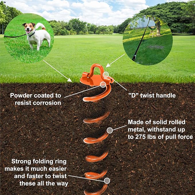 ABCCANOPY 16" Spiral Ground Anchor with Straps for Anchor Swings Set Down, Tent (Orange)