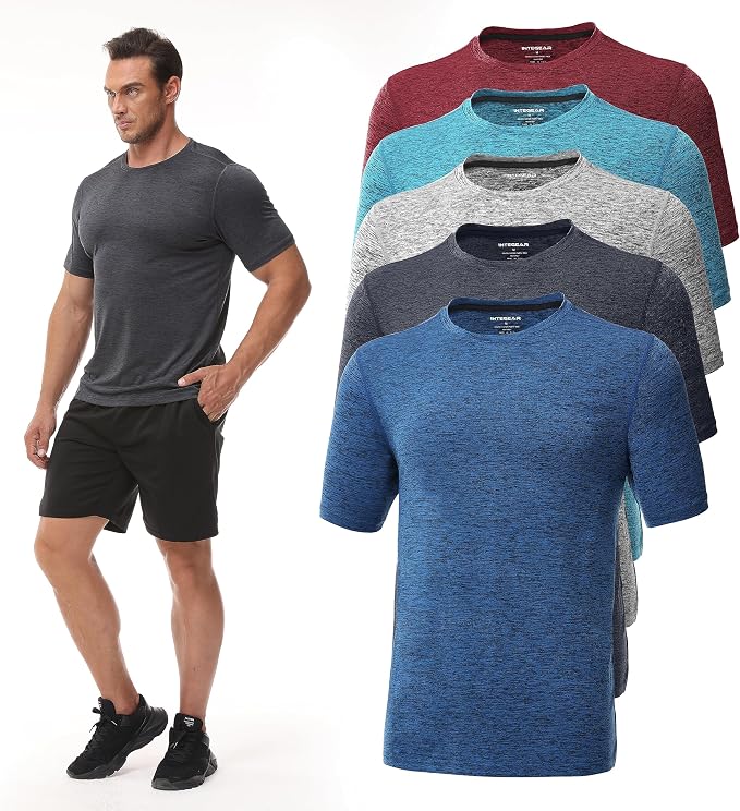 5 Pack Men’s Athletic Active Quick Dry T Shirts - Crew Neck Short Sleeve | Running Gym Workout Sports Tee Tops Bulk