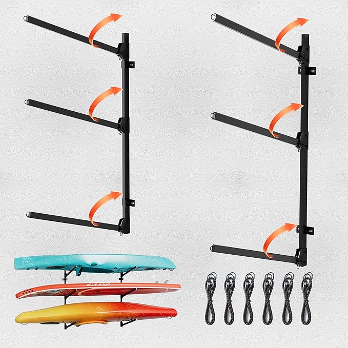 3 Tier Kayak Wall Mount Rack, 45.3" Heavy Duty Canoe Storage Brackets, Foldable Space Saving Hanger, 304 Stainless Steel Screws for Outdoor & Indoor, Fits SUP/Paddle Board