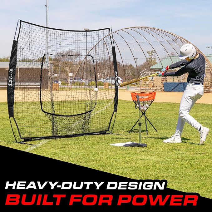GoSports 7 ft x 7 ft Baseball & Softball Nets - Red, Black, Drip or PRO - Practice Hitting & Pitching Net with Bow Type Frame, Carry Bag and Strike Zone, Great for All Skill Levels
